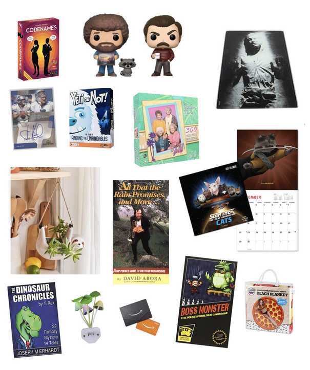 An assortment of gifts including board games, Funko Pop figures, books, and trinkets.