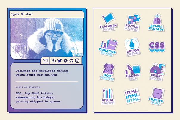 Lynn Fisher‘s developer trading card featuring feats of strength and stickers