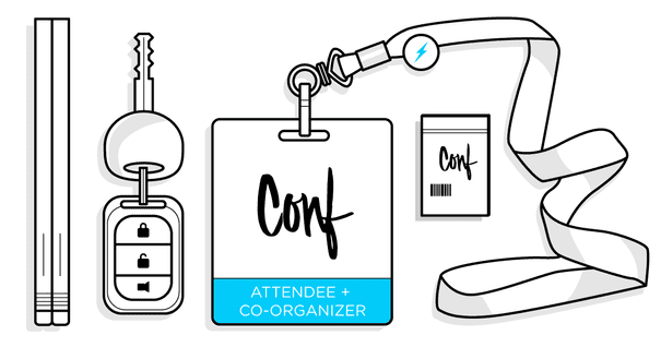 a conference lanyard that says “attendee + co-organizer” next to a ticket, car keys, and pencils