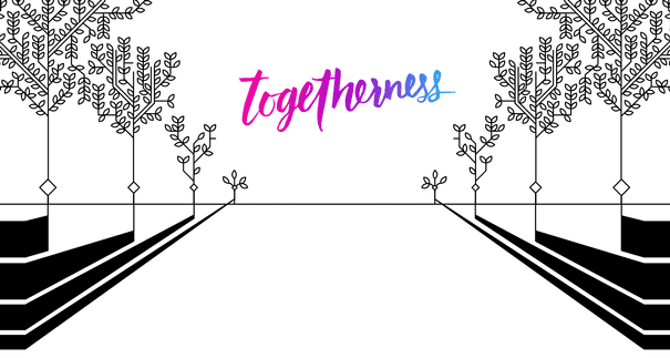 Togetherness logo in handwritten lettering with geometric tree and root shapes surrounding