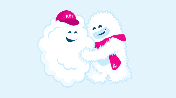 An &yet yeti hugging a cloud wearing a K8s hat