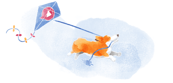 A corgi running with a kite with the Talky logo