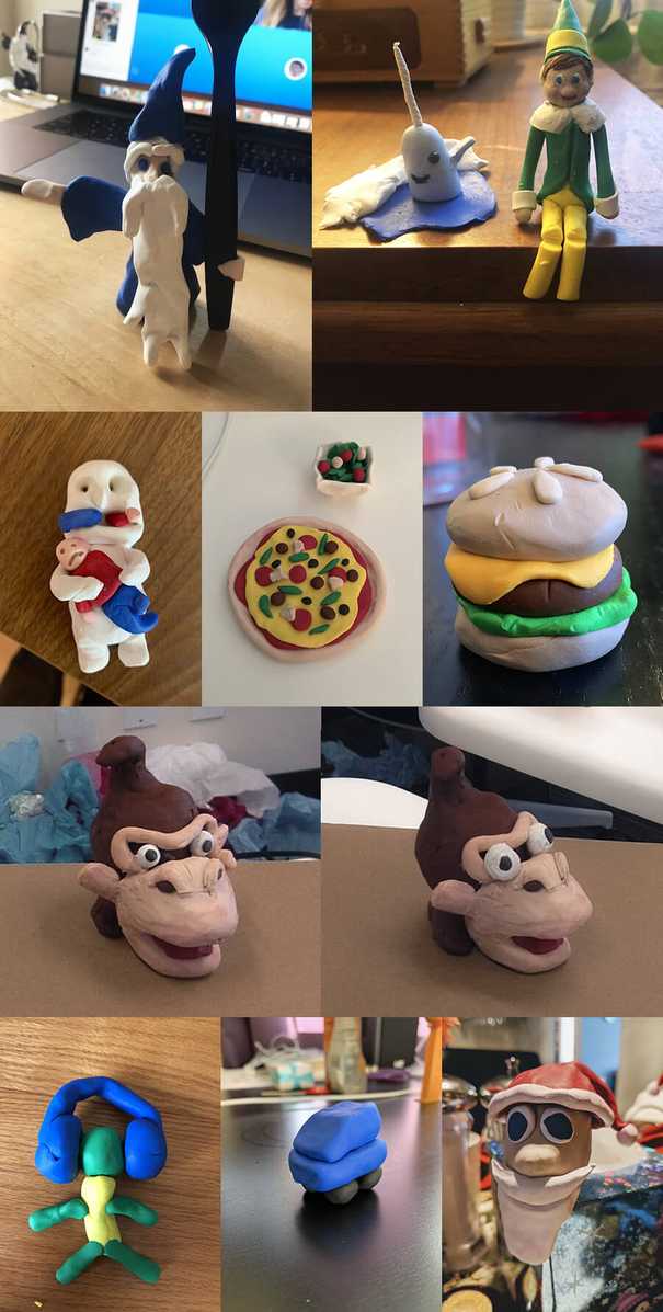 An assortment of clay sculptures including a wizard, Buddy the Elf and a narwhal, a guy being eaten by another guy, a pizza, a hamburger, Donkey Kong’s head, a guy wearing headphones, a blue car, and a Santa head.